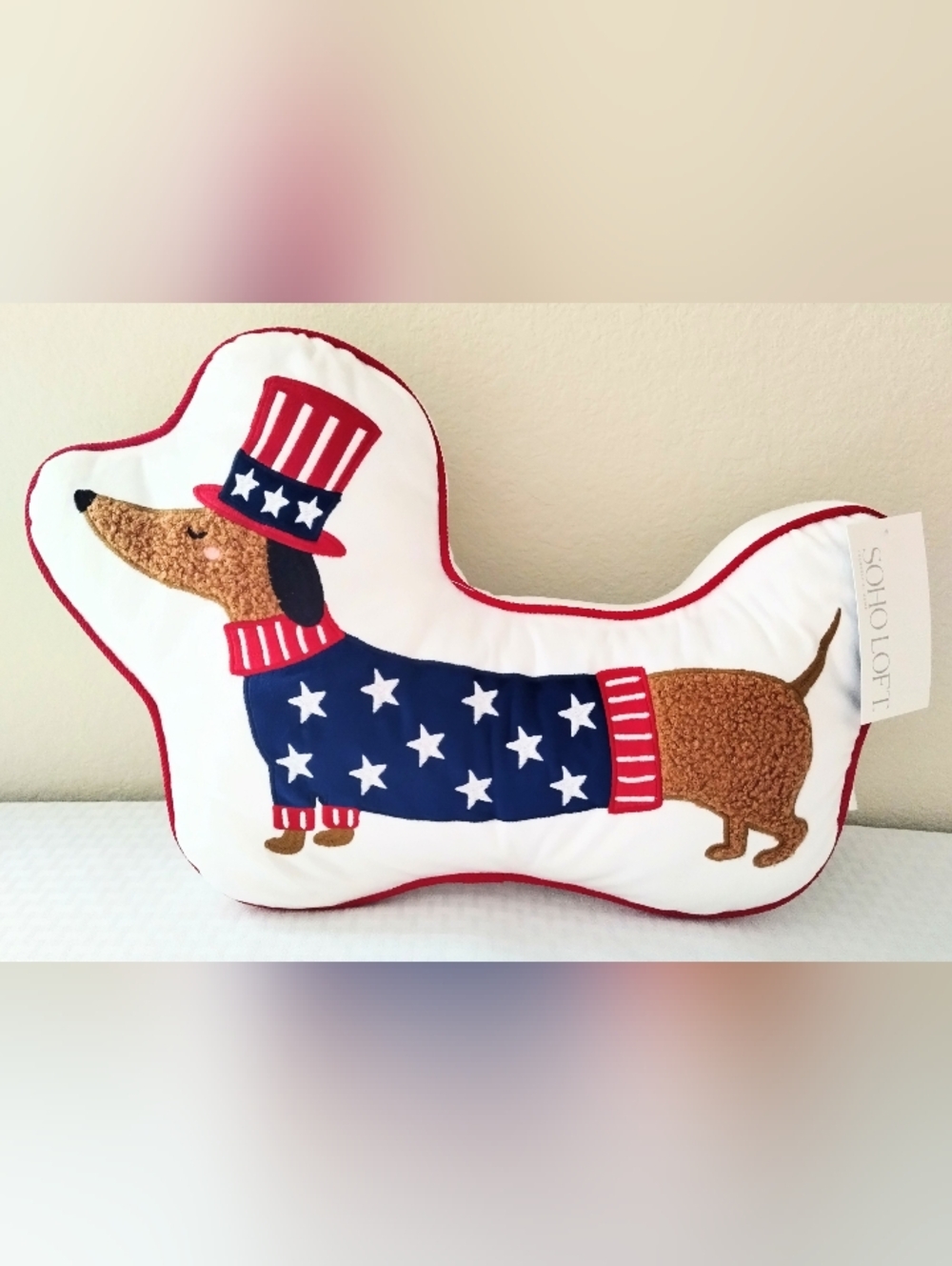 Decorative Dachshund Dog Pillow USA Patriotic Stars & Stripes Embroidered